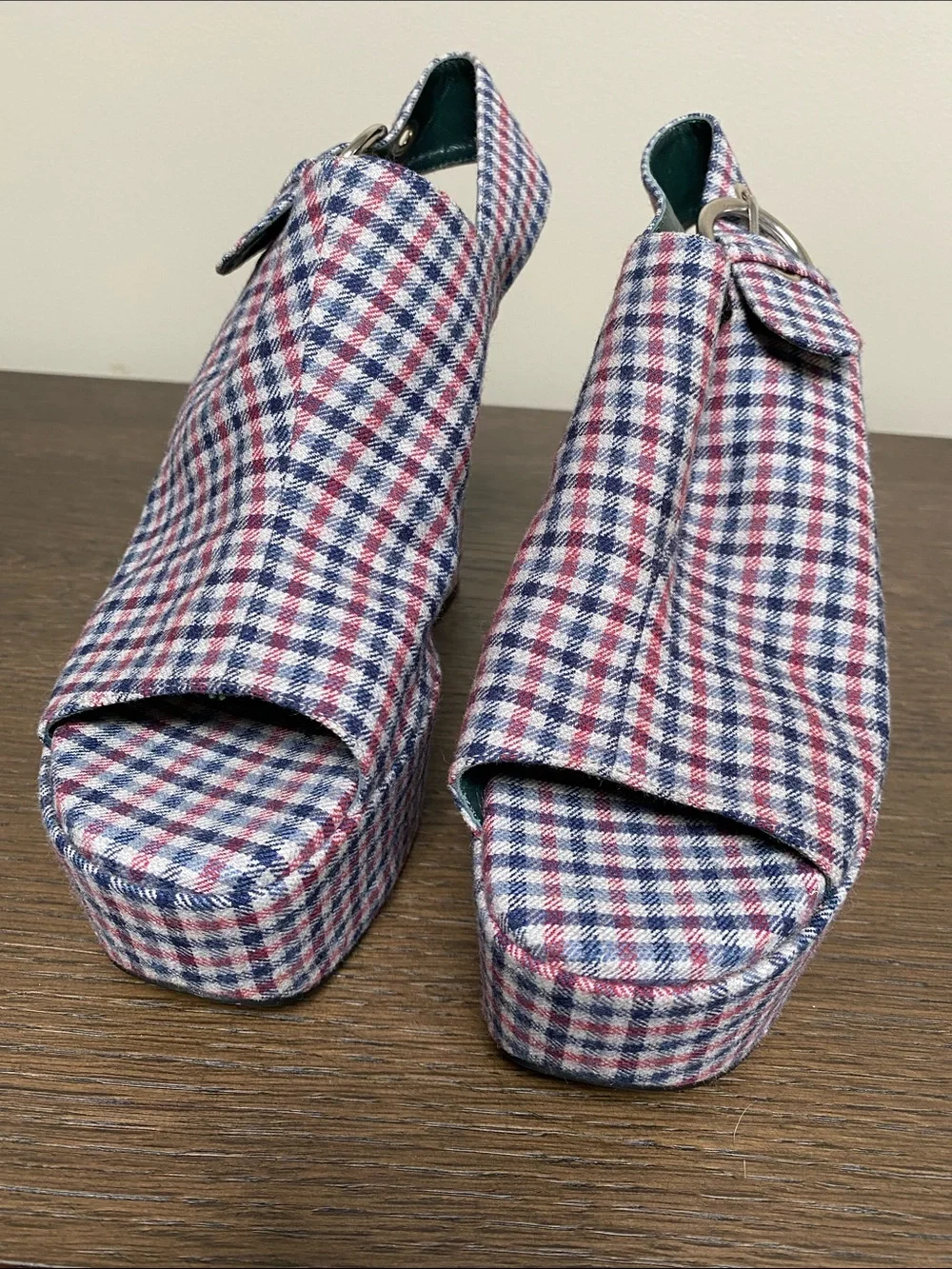 Mulberry Red & Blue Gingham Platform Sandals size 9.5